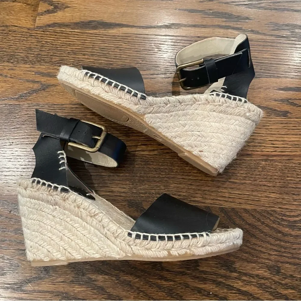 SOLUDOS Black Leather Espadrille Wedge Sandals